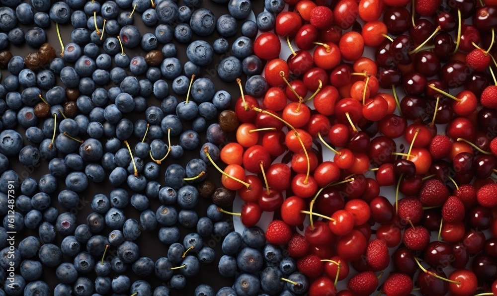 a bunch of cherries sitting next to a pile of blueberries and raspberries on a black surface with yellow pins in the middle. generative ai a bunch of cherries sitting next to a pile of blueberries and raspberries on a black surface with yellow pins in the middle. generative ai