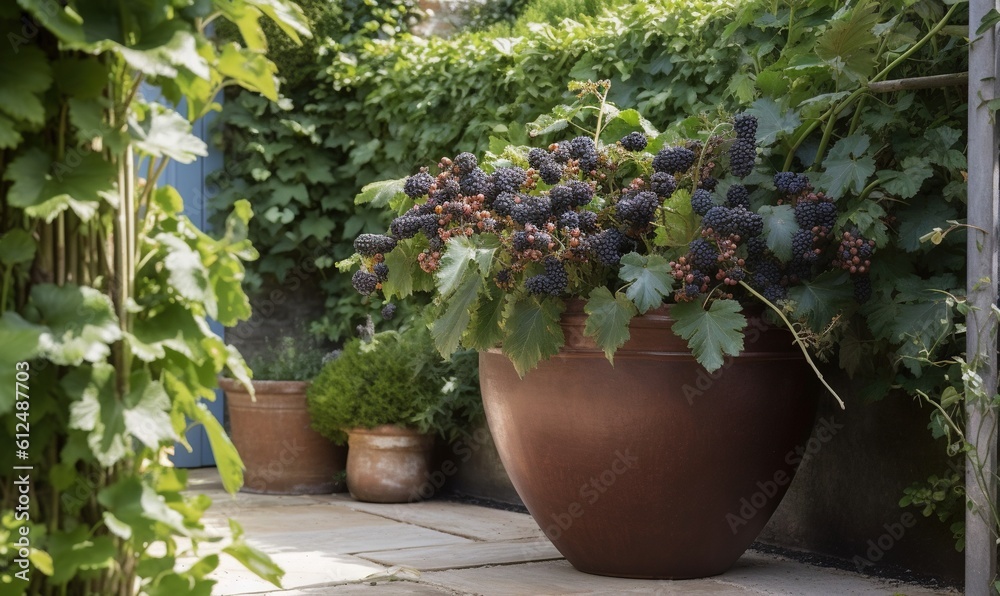 a large planter filled with lots of purple flowers next to a wall of green vines and ivys on a patio area of a home. generative ai a large planter filled with lots of purple flowers next to a wall of green vines and ivys on a patio area of a home. generative ai
