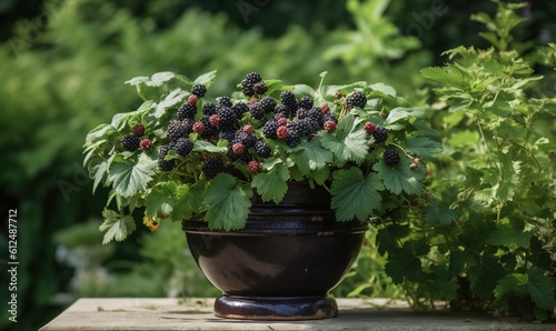  a potted plant with berries on it sitting on a ledge in a garden area with other plants and trees in the background, with a green foliage in the foreground. generative ai