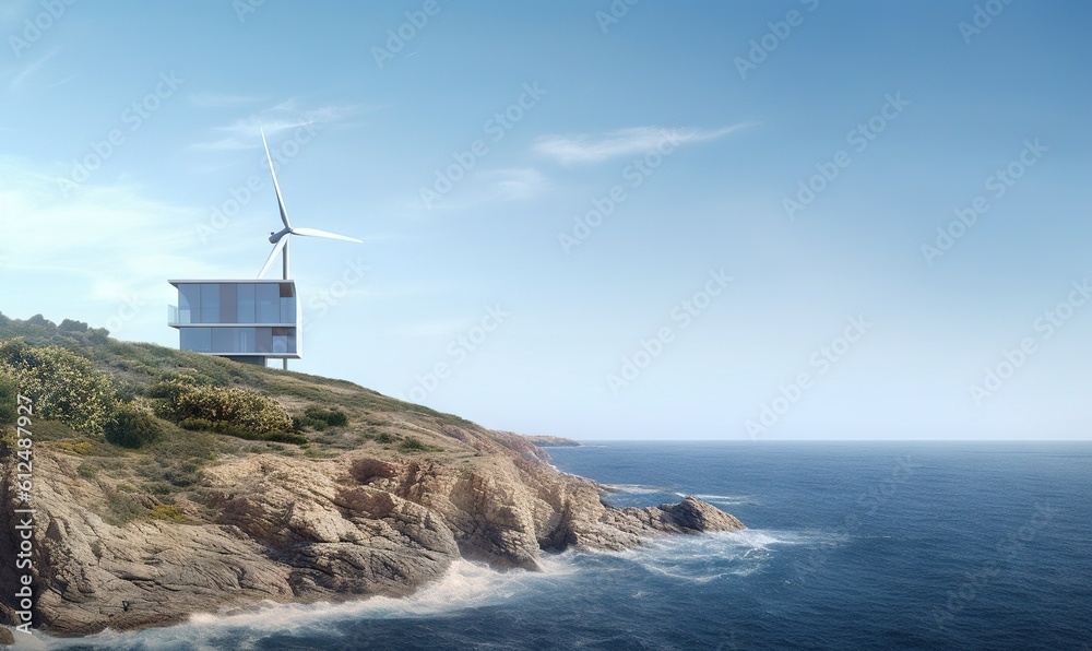  a house on a cliff with a wind turbine on top of the hill next to the water and a cliff with a wind turbine on top of the cliff.  generative ai