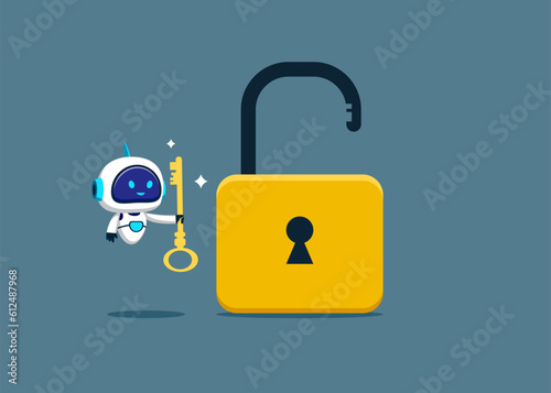 Robot holding golden key to unlock the pad. Unlock business accessibility. Solve business problem, professional to give solutions. Flat vector illustration
