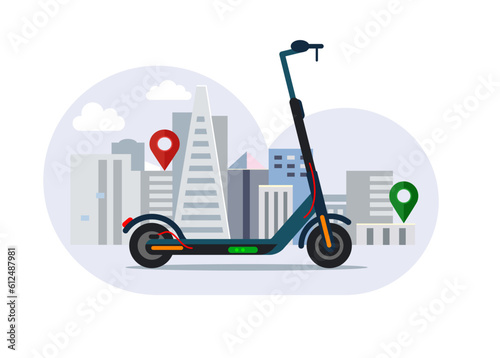 Urban electric kick scooter. Transport for moving around the streets. E-scooter rental. Flat vector illustration