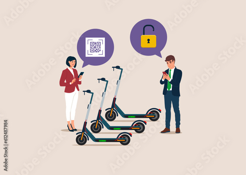 Urban e-scooter rental. People with mobile phone using QR code electric scooter service. Flat vector illustration