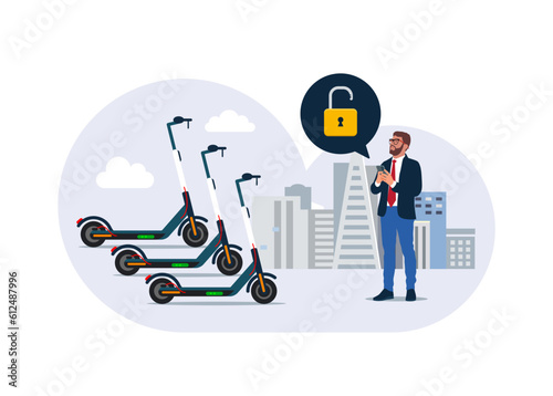 Urban e-scooter rental. Businessman with mobile phone using electric scooter service. Flat vector illustration