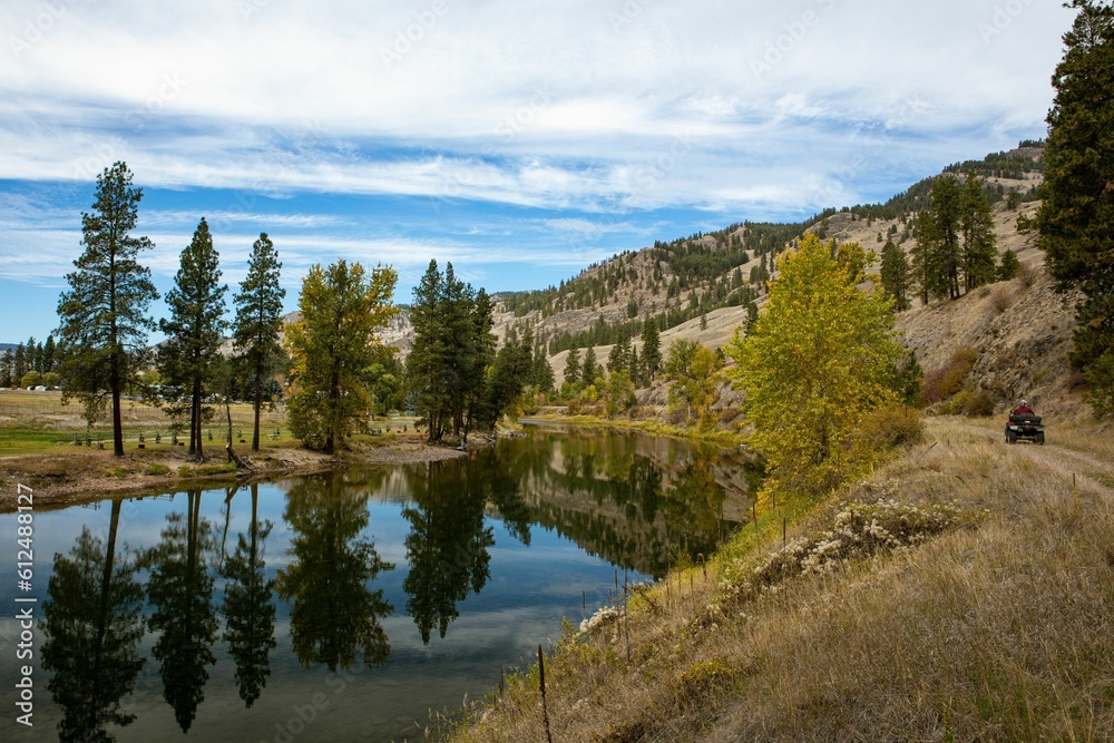 Green nature and cloudy sky over a lake reflected in the water