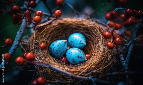  a bird nest filled with blue speckled eggs and red berries on a tree branch with red berries on the branches in the foreground.  generative ai