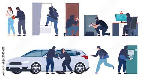 A set of scenes with various robbers and various criminal acts. Criminals in black dark clothes are doing illegal activities. Vector illustration photo