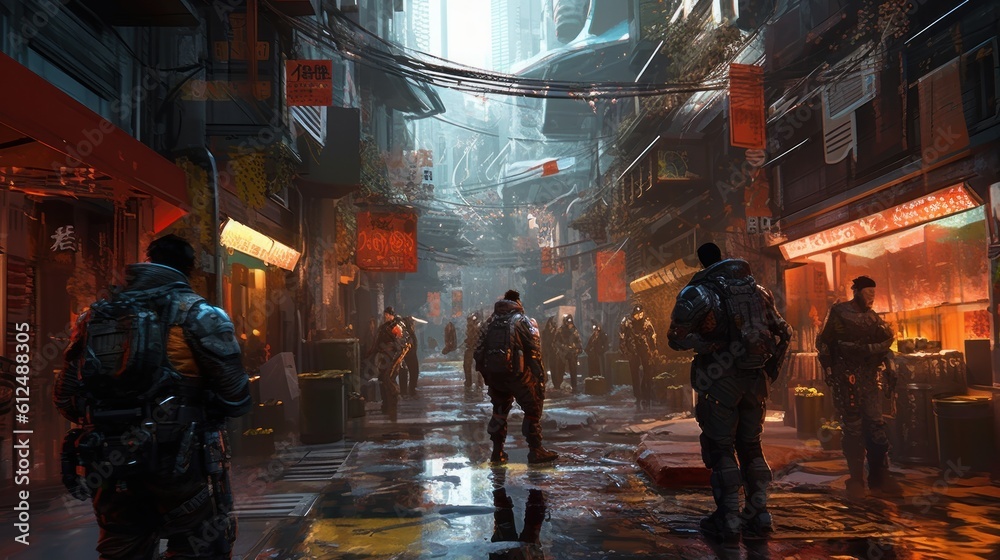 Group of rebels fighting against oppressive forces in a gritty, dystopian cyberpunk world, utilizing advanced weaponry and hacking skills