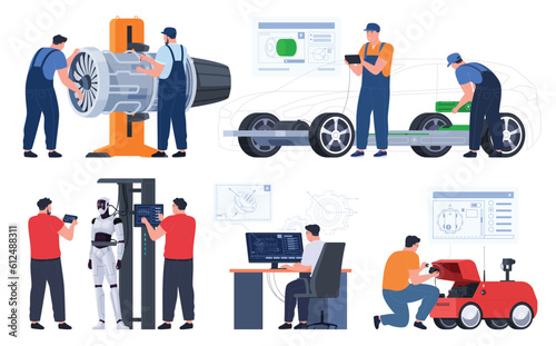Development of maintenance and repair of the latest technological items. Engineers near engines and new technologies. Improvement and development of technical innovations. Vector illustration