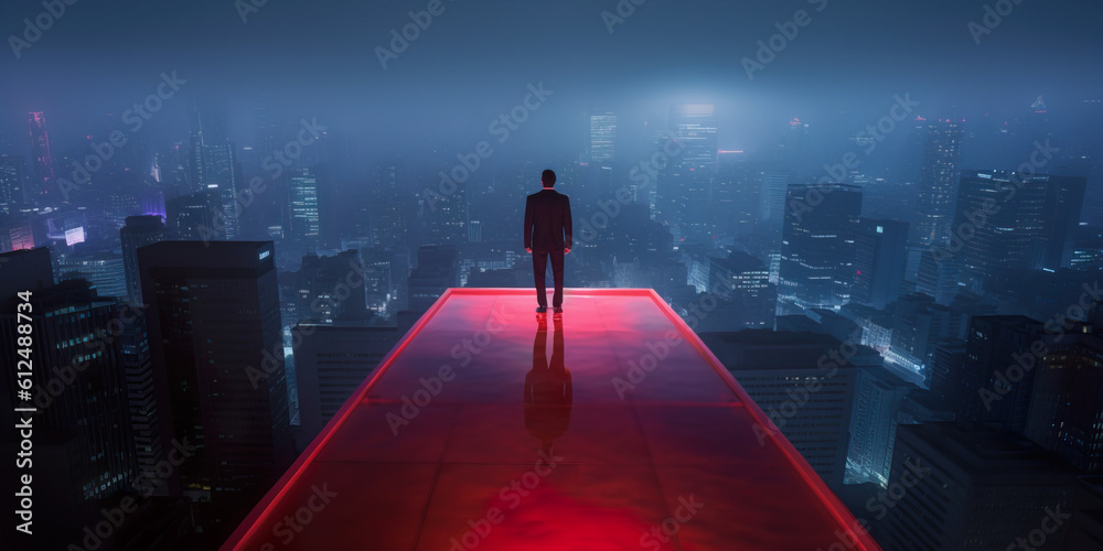 A businessman in a suit stands on top of a skyscraper on a blurred cyberpunk futuristic city panorama background with bright neon lights and stormic clouds. Photorealistic Generative AI illustration. A businessman in a suit stands on top of a skyscraper on a blurred cyberpunk futuristic city panorama background with bright neon lights and stormic clouds. Photorealistic Generative AI illustration.