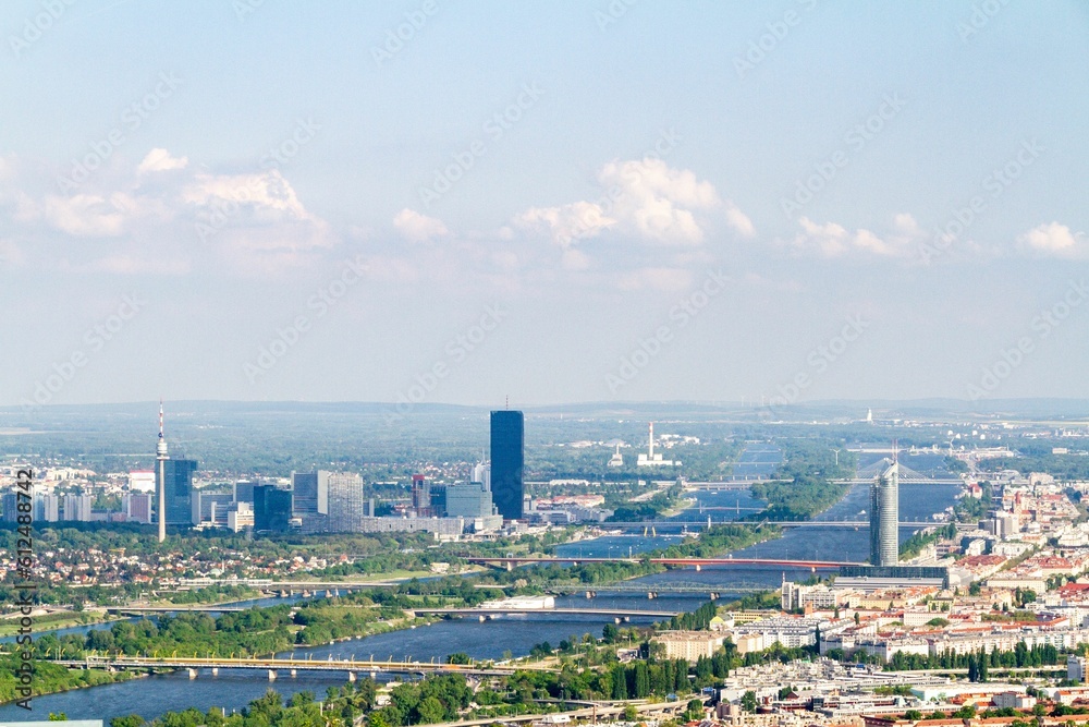 View of the River Danube and Vienna cityscape, Austria View of the River Danube and Vienna cityscape, Austria