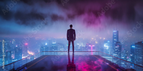 A businessman in a suit stands on top of a skyscraper on a blurred cyberpunk futuristic city panorama background with bright neon lights and stormic clouds. Photorealistic Generative AI illustration. © Valeriy