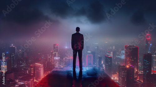 A businessman in a suit stands on top of a skyscraper on a blurred cyberpunk futuristic city panorama background with bright neon lights and stormic clouds. Photorealistic Generative AI illustration.