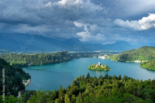 Aerial shot over Lake Bled in Slovenia. © Dimitry Anikin/Wirestock Creators