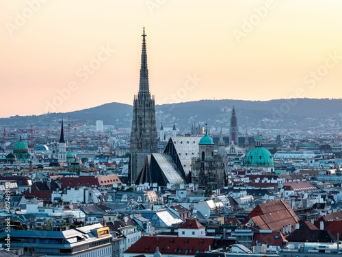 Aerial view of the St. Stephen's Cathedral in Vienna, Austria at sunset