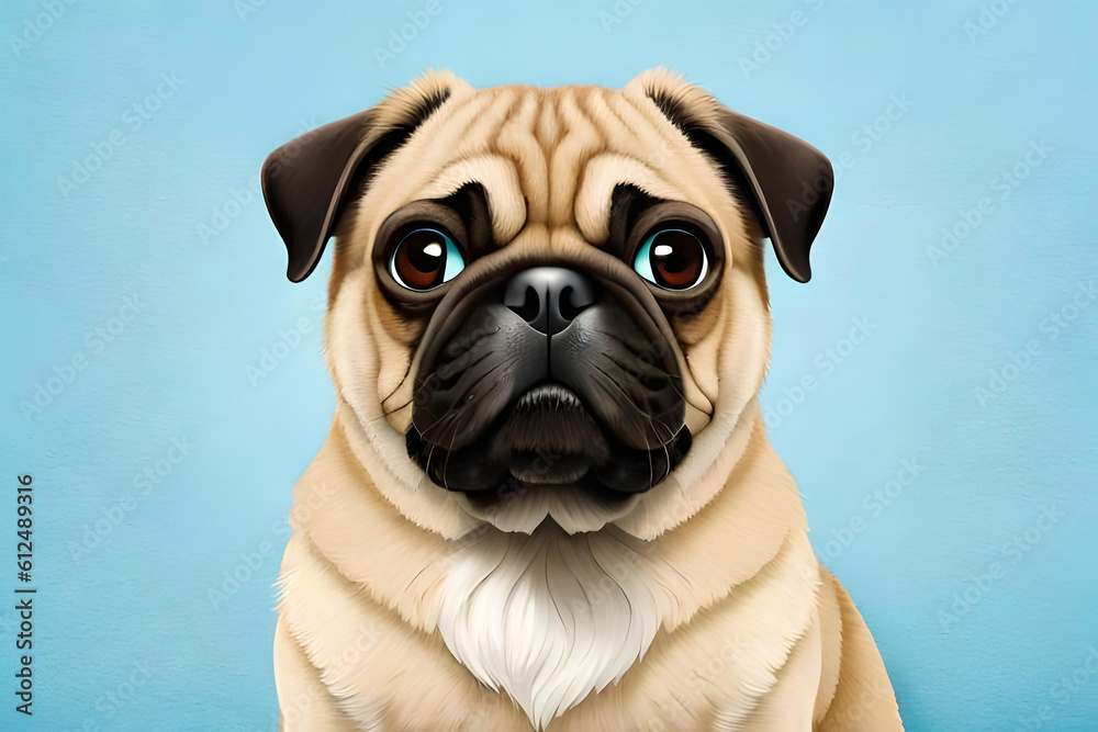Pug on light blue background