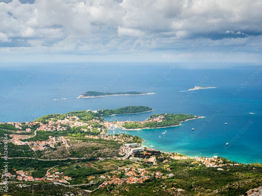 Aerial view of the village of Cavtat located by the shore of the sea