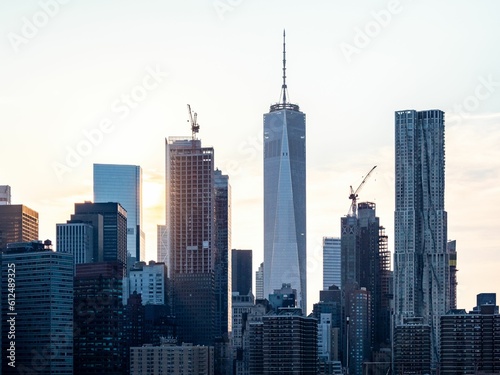 Aerial skyline of downtown Manhattan in New York City, United States