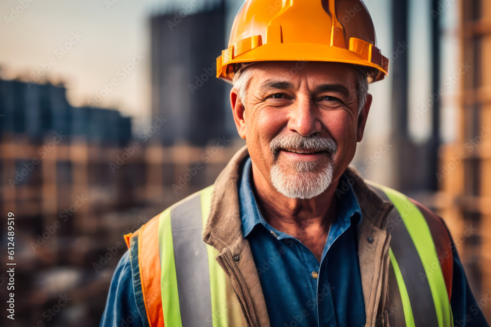 Digital portrait of a senior confident male factory worker standing in construction site. Concept of active age. Generative AI Digital portrait of a senior confident male factory worker standing in construction site. Concept of active age. Generative AI