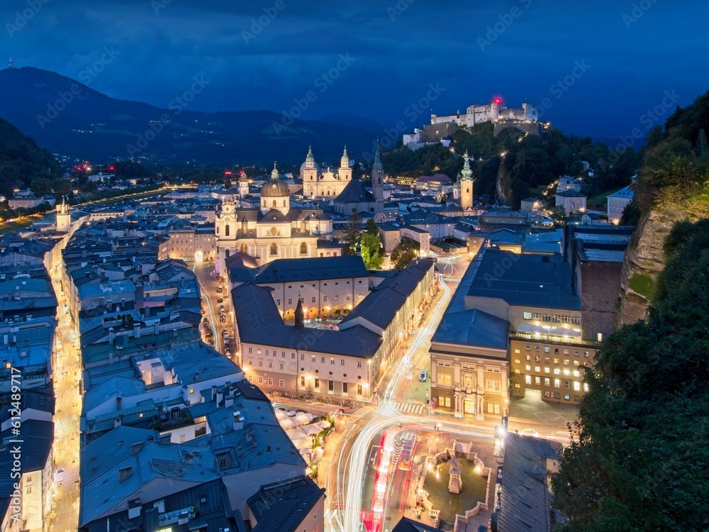 Night cityscape of Salzburg with historical buildings, Austria