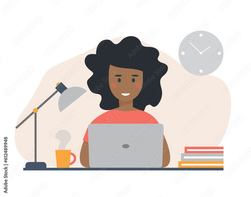 Fototapeta premium Black woman working with laptop. Office worker, employee, vector illustration