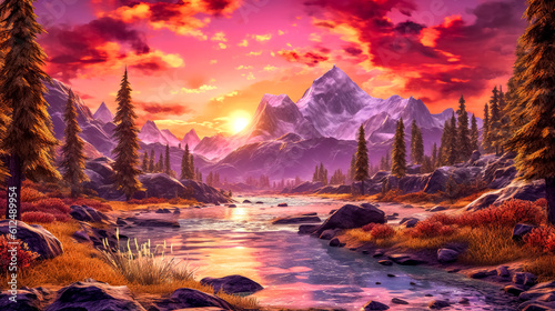 fantastic fairytale landscape at sunset, mountains, rivers and forests, made with Generative AI