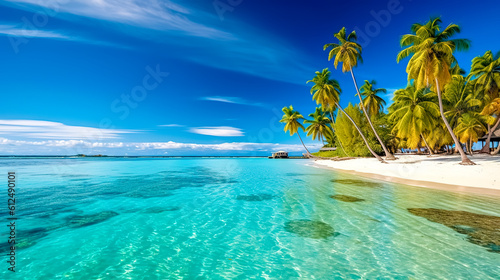 vacation resort, paradise island with sandy beach and palm trees in the blue ocean, banner, made with Generative AI © edojob