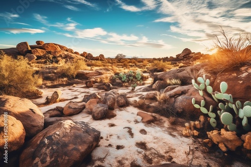 Capture the beauty of resilience in an arid desert landscape, adorned with cacti and unique rock formations. Discover life's tenacity in harsh environments.