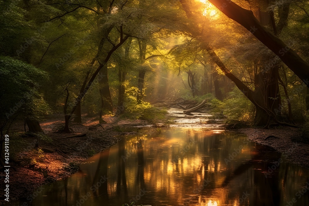 Escape to a tranquil forest oasis, bathed in golden hues of a setting sun. Captivating nature photography.
