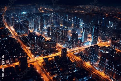 Experience the captivating cityscape at night, where streaks of light symbolize the digital infrastructure powering modern society. Perfect for technology and urban enthusiasts!