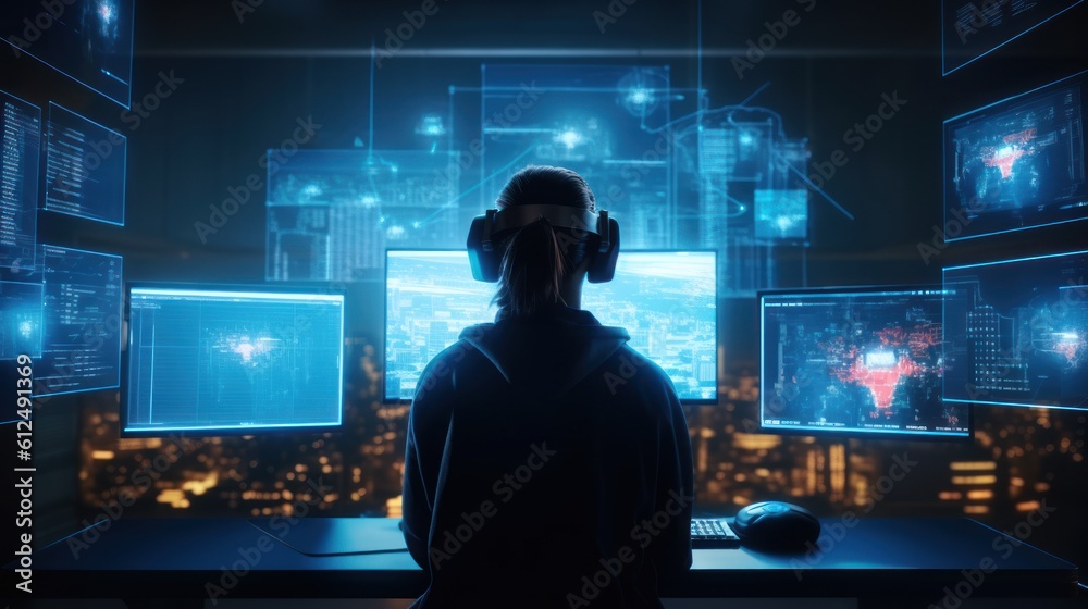 Illustrate a skilled hacker navigating a virtual reality interface Illustrate a skilled hacker navigating a virtual reality interface