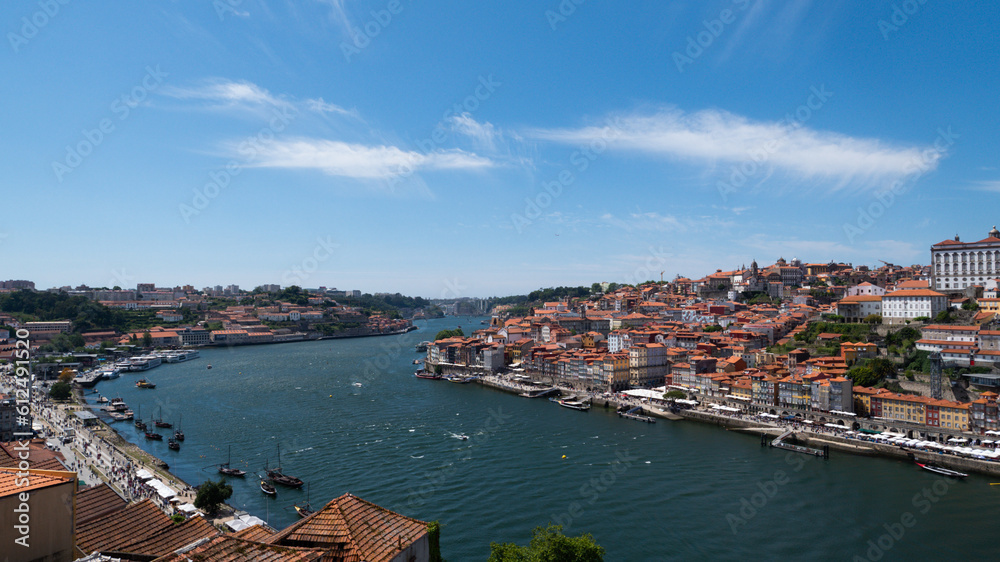 View of the Douro river from above with blue sky in summer. Porto, Portugal.