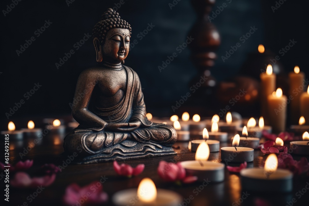 Fototapeta premium Buddha statue in meditation with flowers and lit candles.