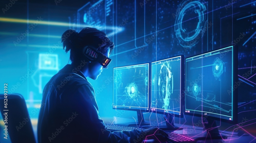 Illustrate a skilled hacker navigating a virtual reality interface Illustrate a skilled hacker navigating a virtual reality interface