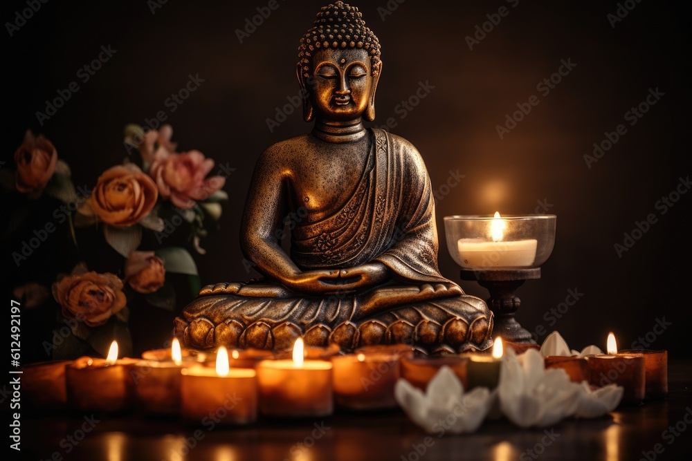 Buddha statue in meditation with flowers and lit candles.
