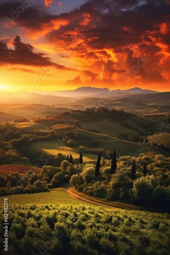 Witness the captivating beauty of a vibrant sunrise casting its golden glow upon the rolling hills, creating a landscape that stirs the soul. Generative AI 