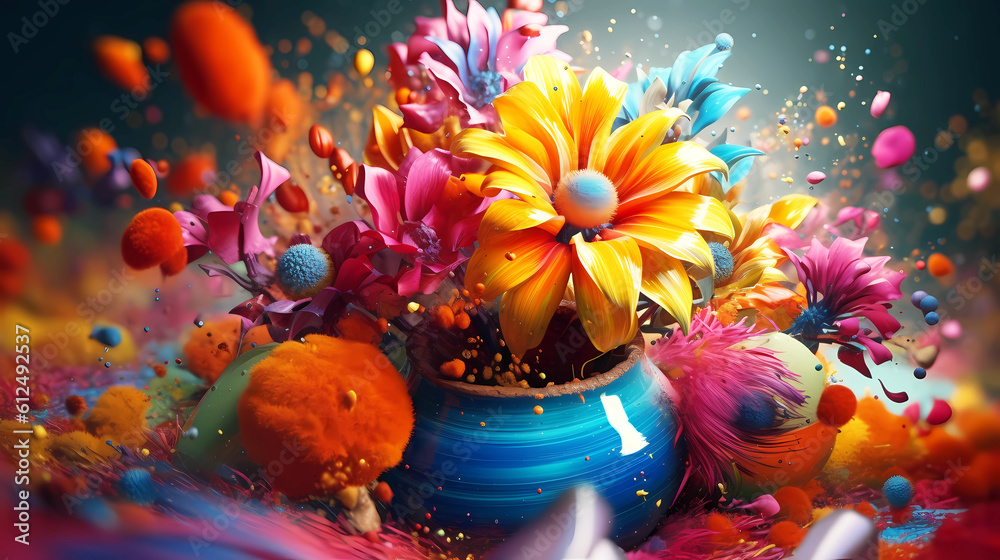 Beautiful abstraction of their bright mixed colors of paints forming flowers.
