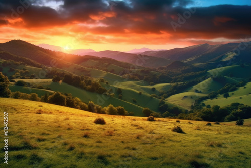 A breathtaking sunrise paints the rolling hills in a vibrant display of colors, capturing the essence of nature's majesty. Generative AI 