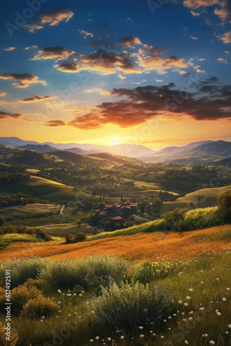 A breathtaking landscape capturing the essence of a vibrant sunrise over rolling hills. Generative AI   © Landscape Planet