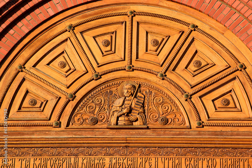 a fragment of an Orthodox church with wood carvings