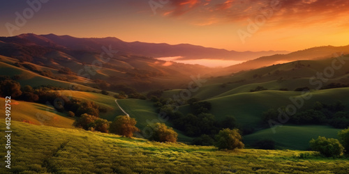 A breathtaking landscape capturing the essence of a vibrant sunrise over rolling hills. Generative AI  