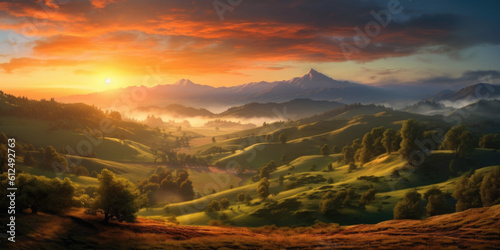 A breathtaking landscape capturing the essence of a vibrant sunrise over rolling hills. Generative AI 