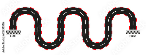 Rally races line track or road marking. Start and finish concept. Moto race. Lane, gp, track with start, finish line and borders. Car or karting road racing background. Top view. Vector illustration