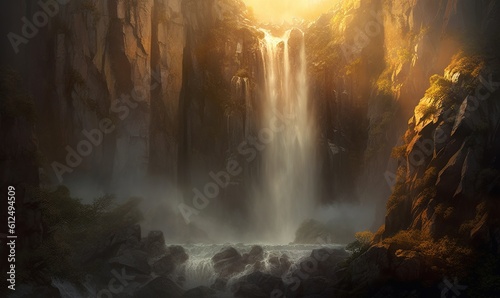  a painting of a waterfall in the middle of a forest with a bright light coming from the top of the waterfall and the water below.  generative ai