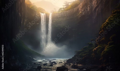  a large waterfall in the middle of a forest filled with trees and rocks, with a river running between it and a cliff in the distance. generative ai