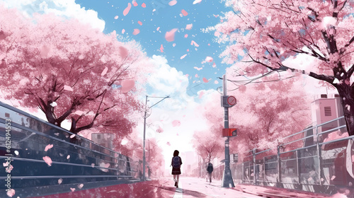 an epic illustraion of a girl walking alone next to cherry trees while wind is blowing leaves, wallpaper style, ai generated image © Sternfahrer