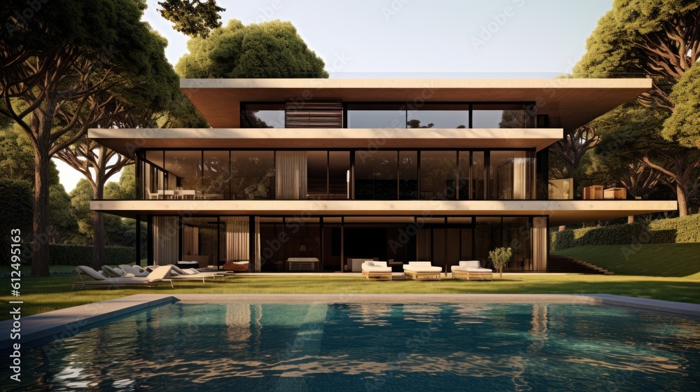 Fototapeta premium Sleek and contemporary villa in Milan or the Italian Riviera, boasting minimalist design, floor - to - ceiling windows, and seamless indoor - outdoor living spaces