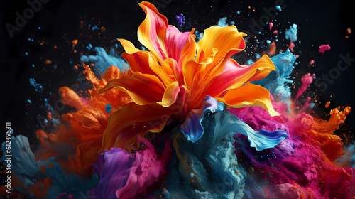 Beautiful abstraction of bright mixed colors of paints and flowers on a dark background. © ArturSniezhyn