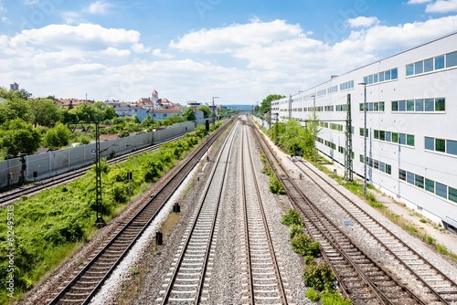 Long railroad surrounded by buildings and lush greenery under a bright cloudy sky in Regensburg