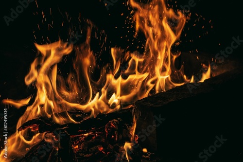Closeup view of fire flames isolaated on a black background